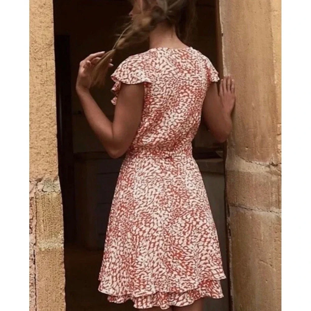 Free People French Quarter Wrap Mini Dress in‎ Pop Combo Orange Womens Small